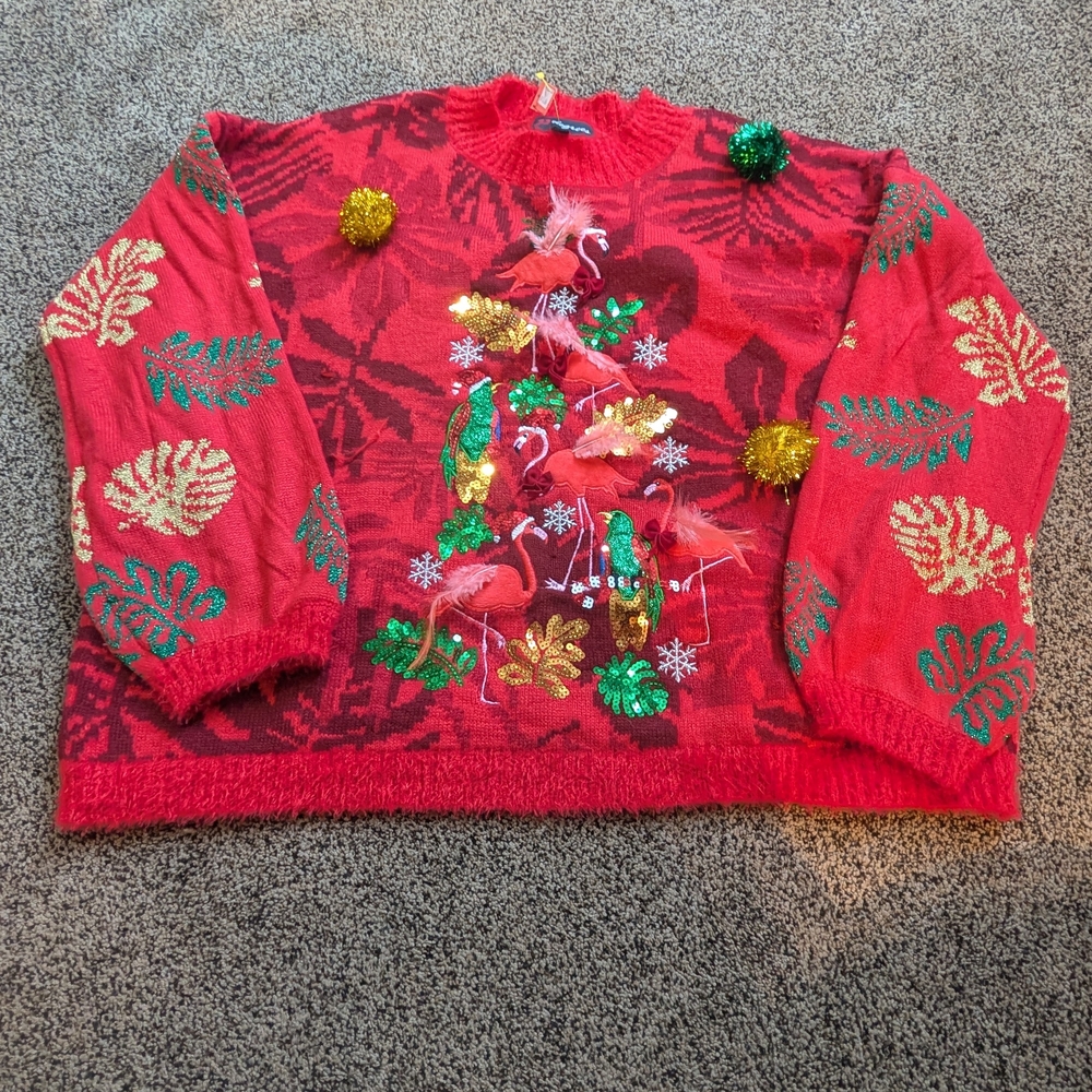 Festive Red Sweater with Colorful Embellishments